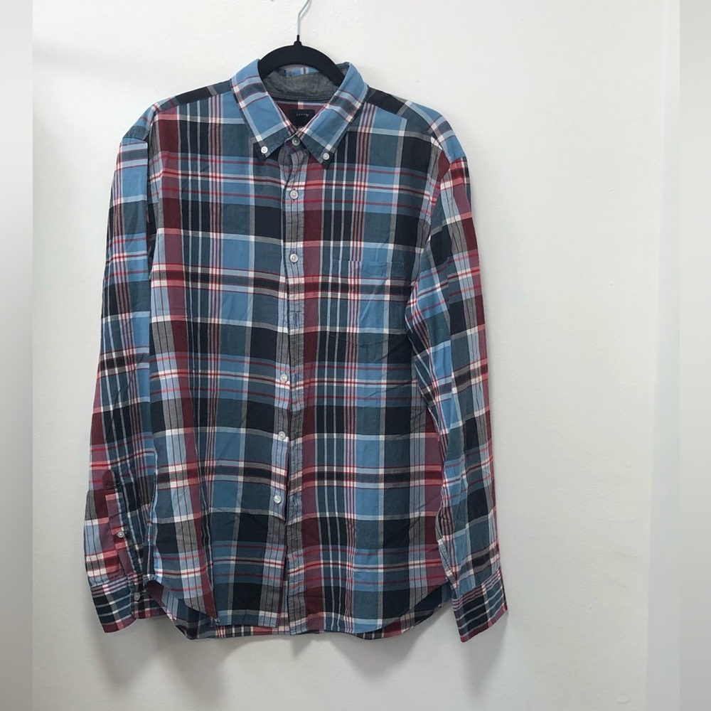 J. Crew men’s casual shirt, size L, back length 30.5”.